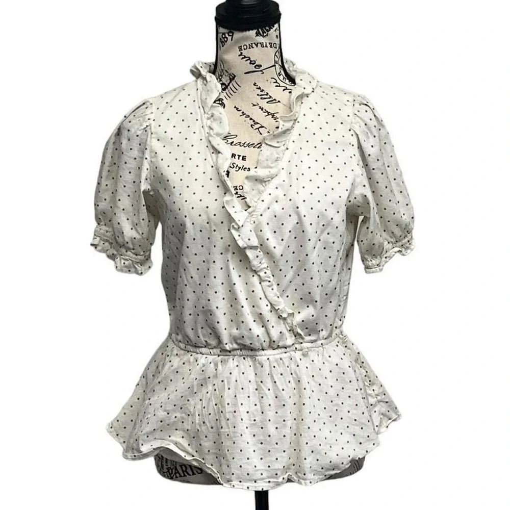 LC Lauren Conrad Cream Polka Dot Ruffle Wrap Blouse - Picture 2 of 9